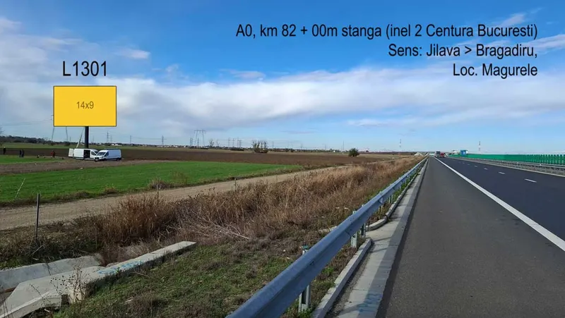 Vedere secundara panou publicitar Autostrada A0 sud zona Magurele