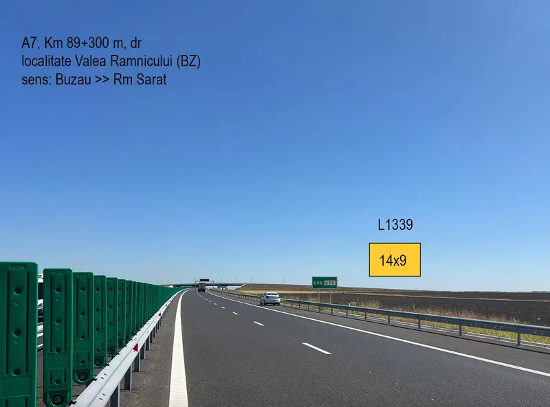 Panou publicitar 14x9 m pe Autostrada A7 km 89 Valea Ramnicului, sens Buzau spre Ramnicu Sarat