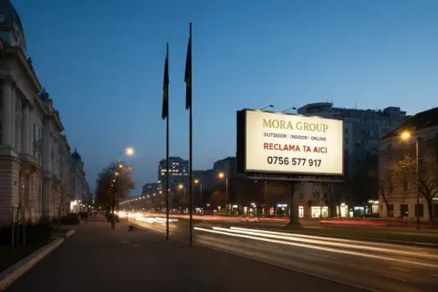 Ecran LED DOOH publicitar Bucuresti — panou digital outdoor cu rotatie mesaje Mora Group