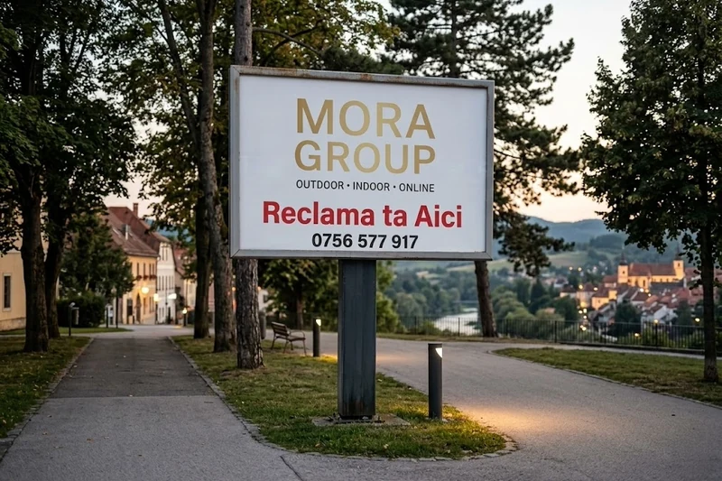 Panou publicitar stradal Bucuresti — format billboard la marginea drumului, vizibilitate pietoni si trafic auto