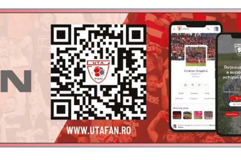 Design final banner publicitar 6×1 m pentru fan club local — layout cu logo fan club local, cod QR catre site-ul clientului, mockup aplicatie mobila si slogan "CUMPERI, SOCIALIZEZI, AJUTI ECHIPA" pe fundal rosu cu suporteri