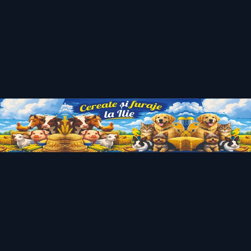 Design banner panoramic Mora Group pentru caseta luminoasa Cereale si furaje la Ilie — grafica orizontala cu animale de ferma (vaci, cai, pui, oi, caini, pisici) si logo brand pe fundal cer si lan de grau