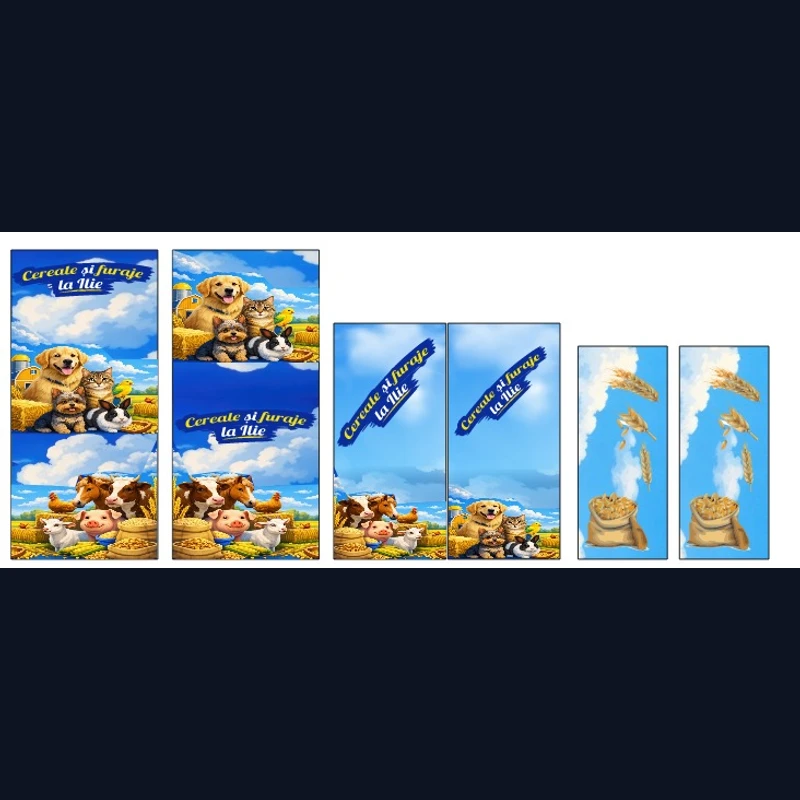 Concept grafic Mora Group — mockup 5 layouts pentru autocolante geam Cereale si furaje la Ilie, design coerent cu animale de ferma, banner brand si grafica saci de cereale pentru ferestre si usi