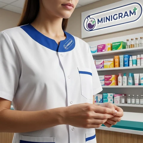 Halat medical alb cu guler si accente bleumarin purtat in cadru farmacie cu rafturi medicamente — proiect special productie halate uniforme cu logo brodat Mora Group