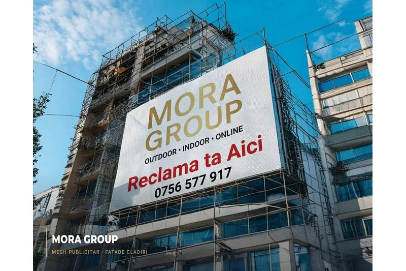 Mesh publicitar 100-300 mp pe fatada cladire Bucuresti, montat pe schela — suprafata mare cu impact vizual de la sute de metri, gestionat de Mora Group