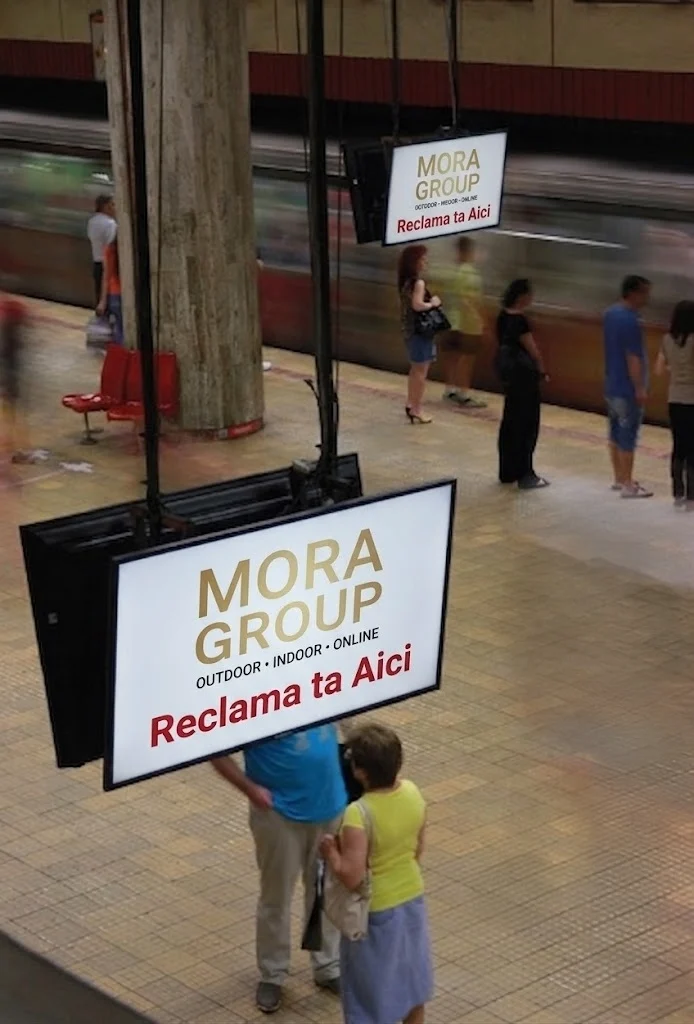 Ecran LED publicitar Mora Group pe peron statie de metrou Bucuresti — format vertical cu mesaj reclama
