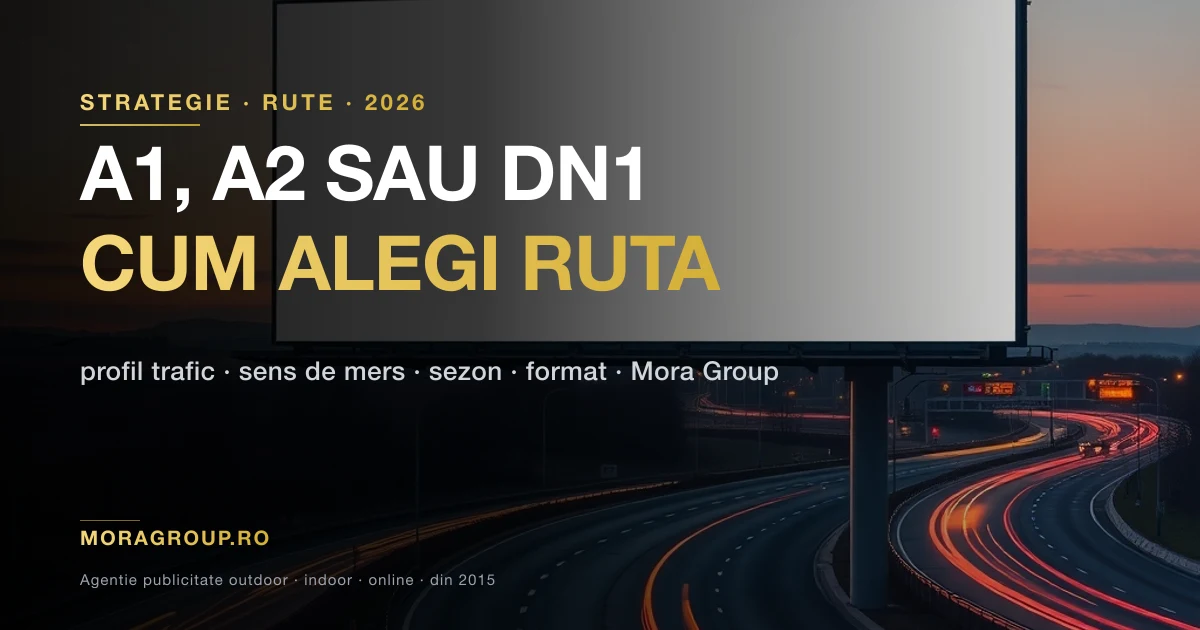 Unipol publicitar la iesirea din Bucuresti spre autostrada, trafic de seara — alegerea rutei A1, A2 sau DN1 pentru campania outdoor 2026