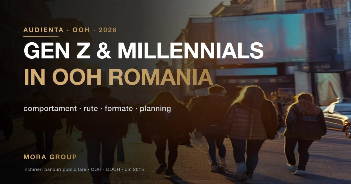 Tineri adulti pe un bulevard din Bucuresti in dreptul unui panou publicitar — audienta Gen Z si Millennials OOH Romania 2026