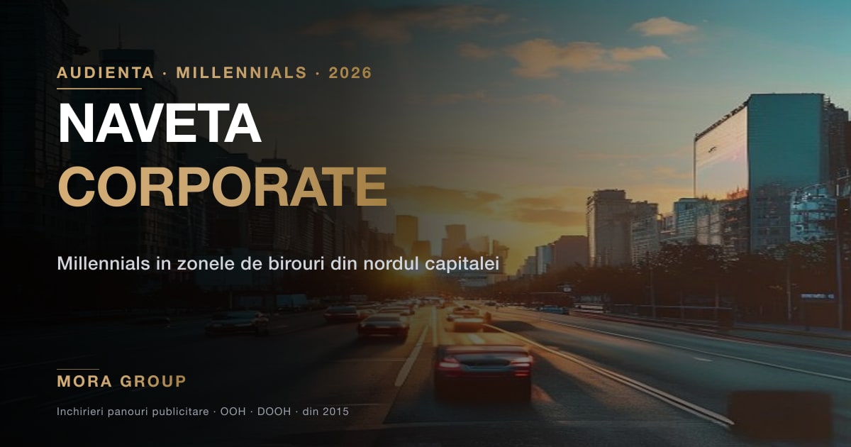 Bulevard nordic din Bucuresti la rush hour dimineata cu turnuri de birouri si billboard pe drum — naveta auto Millennials in zone corporative