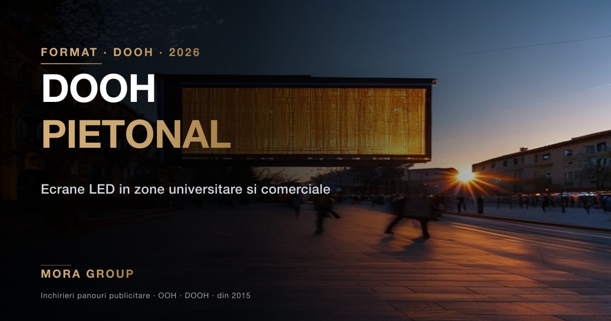 Ecran LED outdoor mare intr-o piateta pietonala langa un campus universitar romanesc la inserare — DOOH cu continut dinamic pentru audienta Gen Z