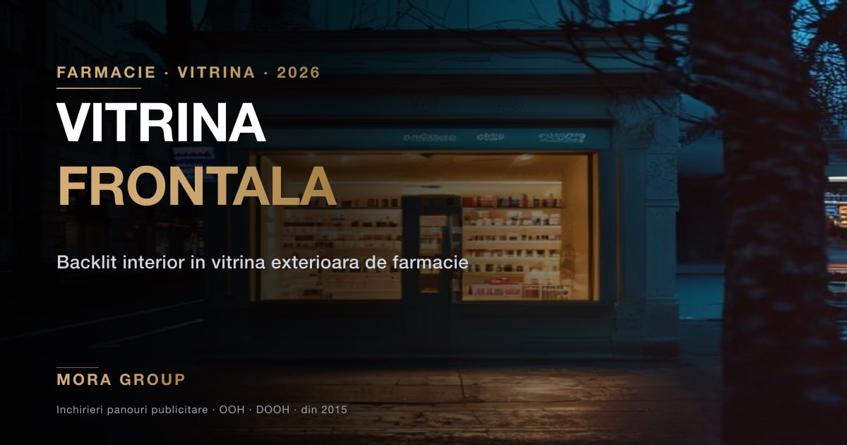 Backlit interior amplasat in vitrina frontala a unei farmacii de retea — vizibilitate de pe trotuar si din spatiul comercial