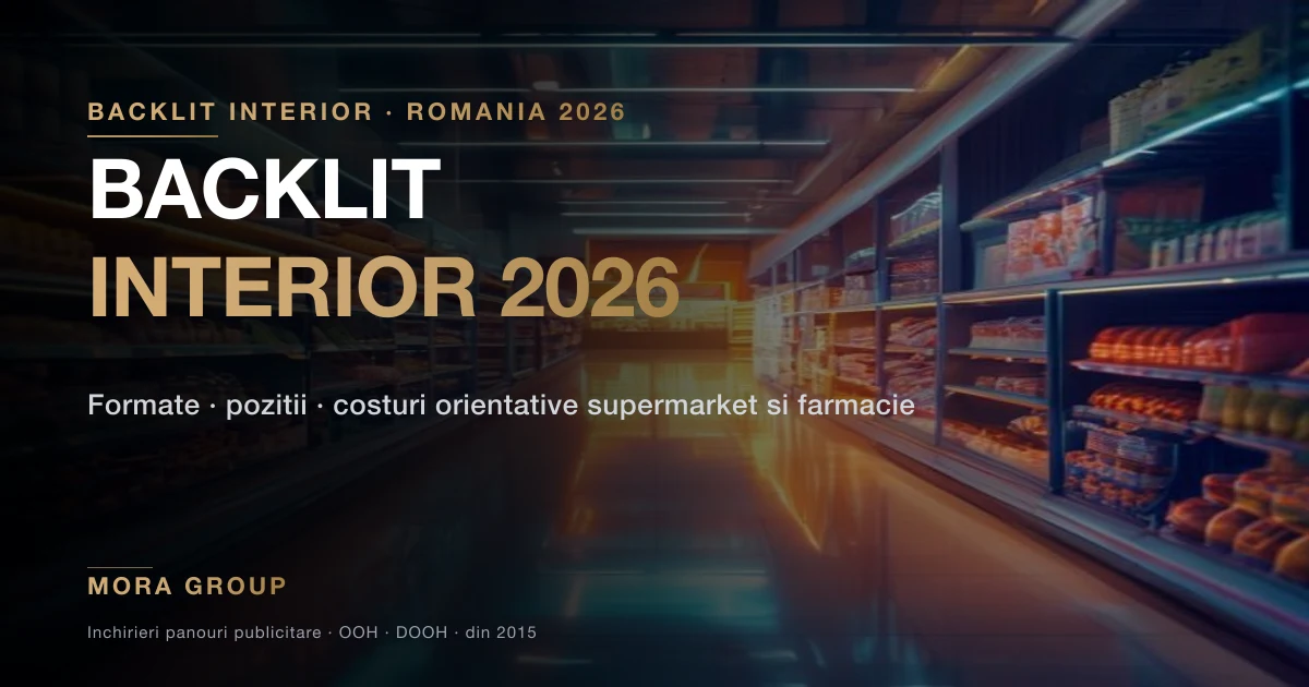 Caseta luminoasa backlit amplasata la intrarea intr-un supermarket din Bucuresti
