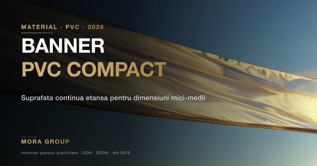 Banner publicitar PVC compact tiparit pe panou stradal expus la soare, material standard pentru formate medii si mici