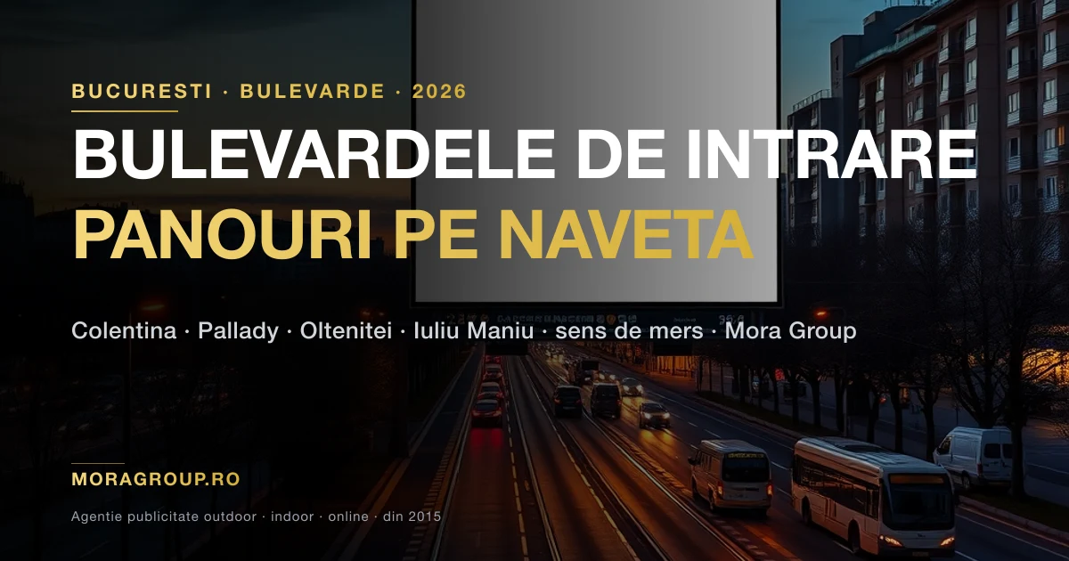 Panou publicitar iluminat pe un bulevard larg de intrare in Bucuresti, trafic de naveta la ora serii — panouri publicitare pe bulevardele de intrare 2026