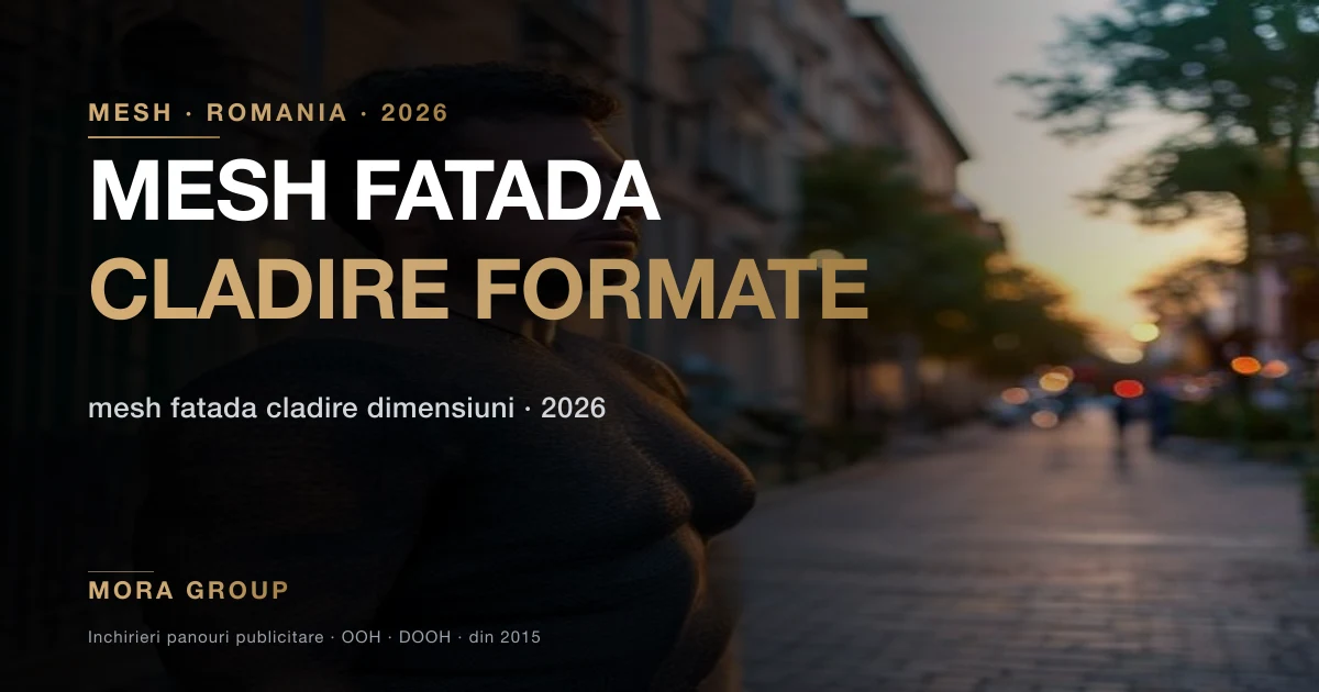 Mesh publicitar pe fatada unei cladiri din Bucuresti — formate si dimensiuni 2026
