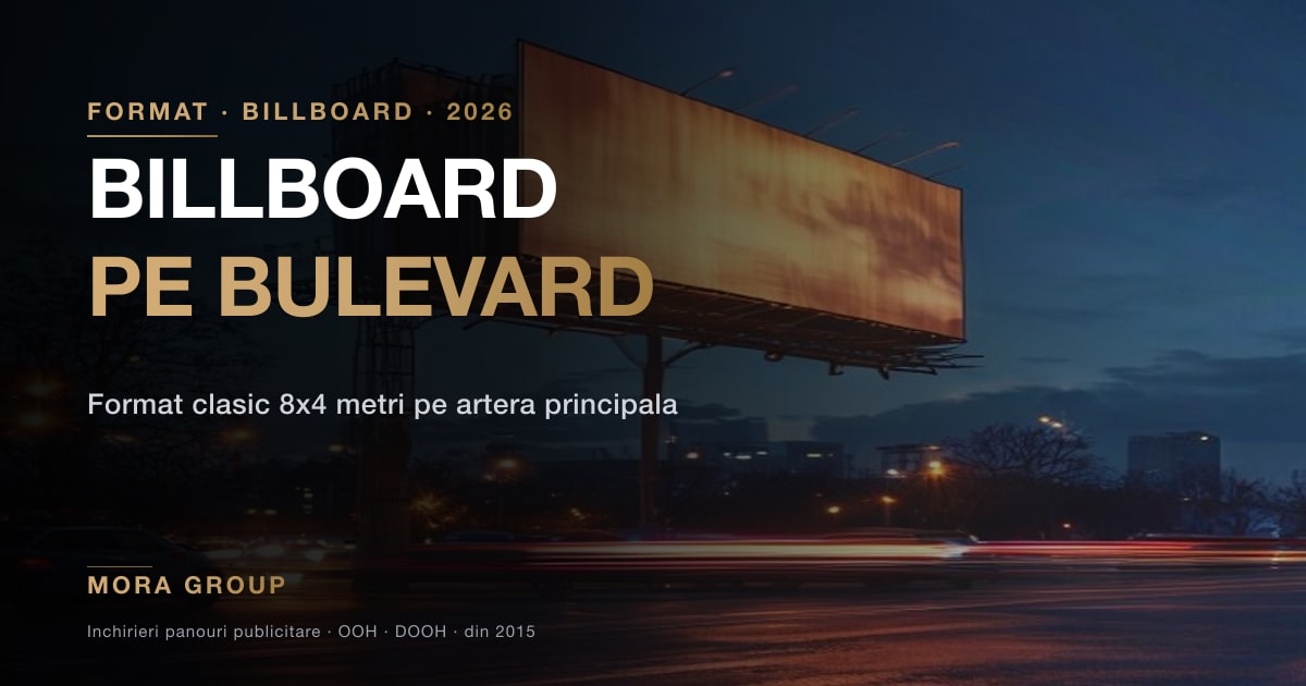 Billboard 8x4 metri amplasat pe un bulevard din Bucuresti la apus cu trafic auto curgator — format clasic de publicitate stradala OOH